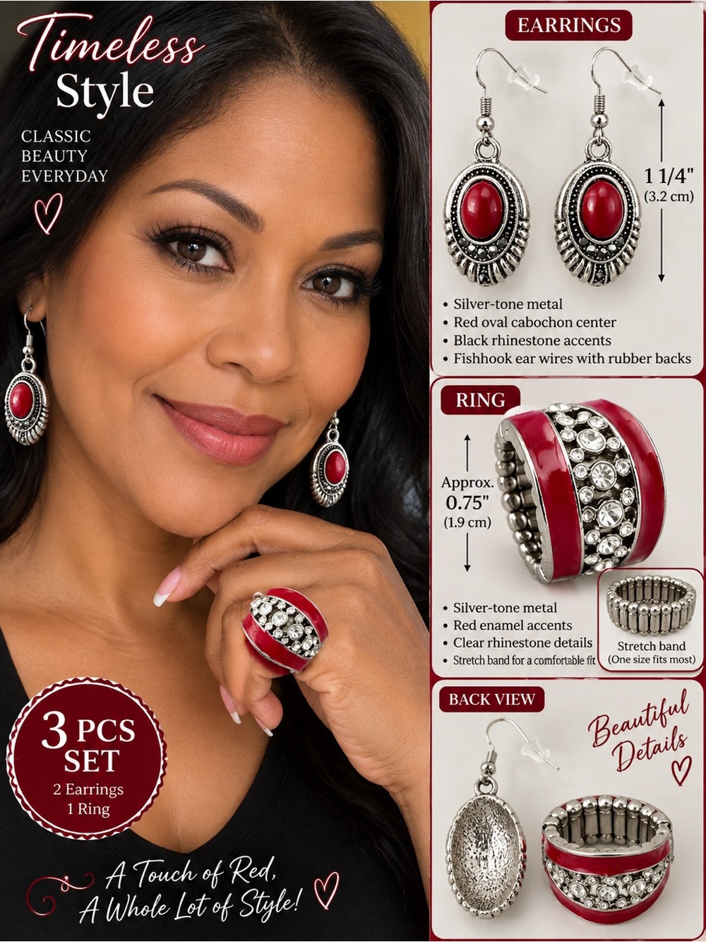 Timeless Style Red Cabochon Earrings & Ring Set by